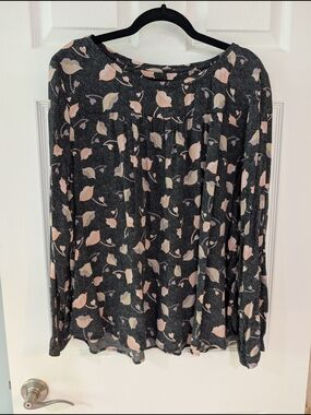 Ann Taylor LOFT Black Floral Long Sleeve Blouse w/ Pink & Purple Petals Size XL
